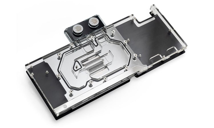 An acrylic full-coverage GPU water block from Bitspower.