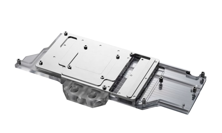 Back side of a full-coverage GPU water block