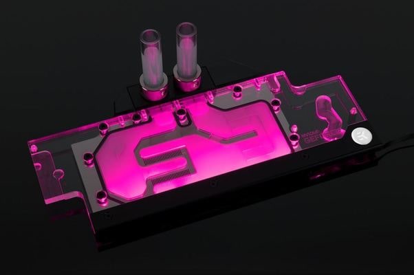 Illuminated full-coverage EK GPU water block.